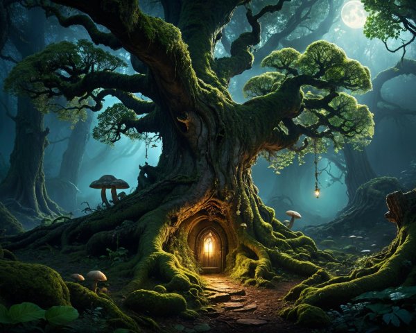 Ancient Tree in Mystical Forest with Glowing Mushrooms