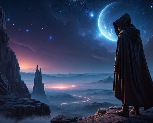 Cloaked Figure Overlooks Alien Landscape at Twilight