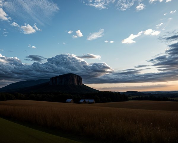 Flat-topped mountain with golden fields at dusk