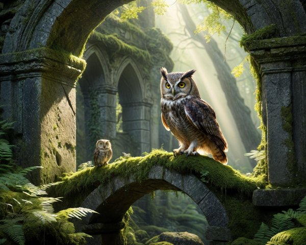 Owls Perched on Mossy Archway in Mystical Forest