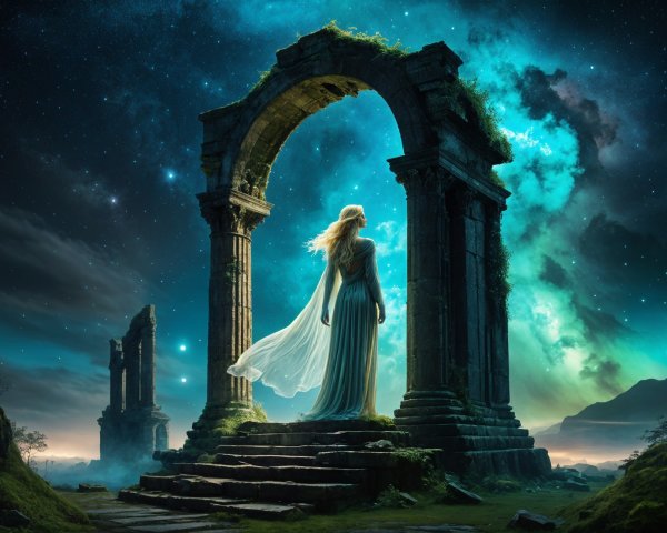 Ethereal Woman by Ancient Archway Under Starry Sky