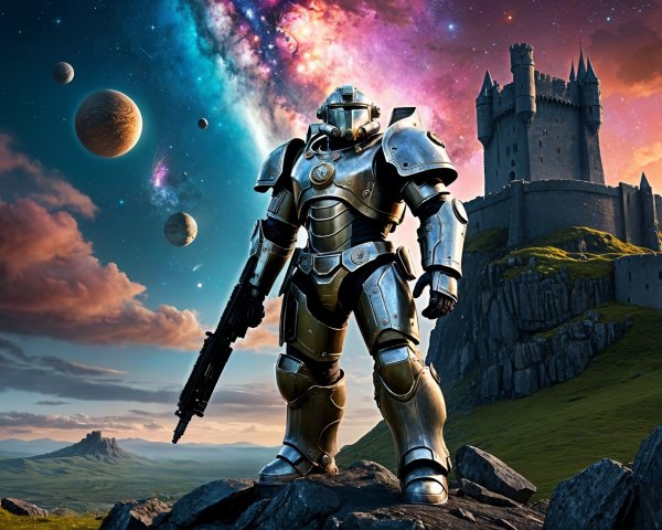 Robotic Figure with Futuristic Weapon and Castle Scene
