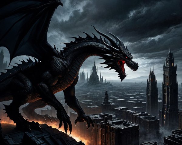 Black Dragon Over Dark Cityscape with Stormy Sky