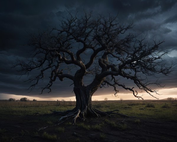 Gnarled Tree Against Dramatic Sky and Rugged Ground