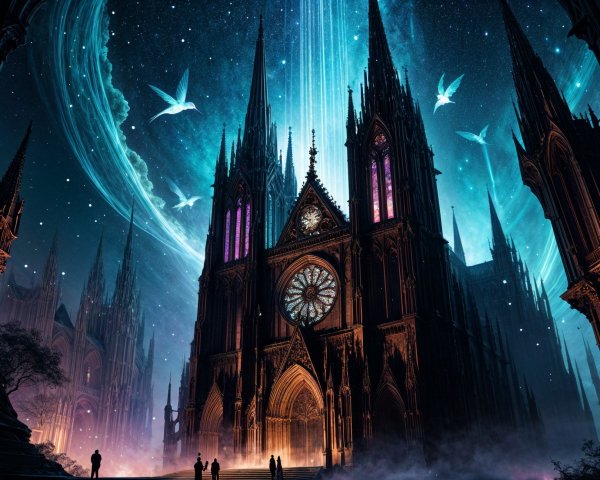 Gothic Cathedral Against Starry Sky with Ethereal Light