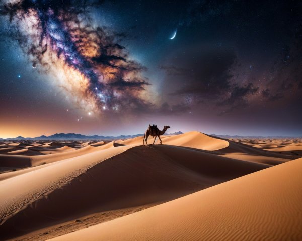 Desert Landscape at Twilight with Milky Way and Camel