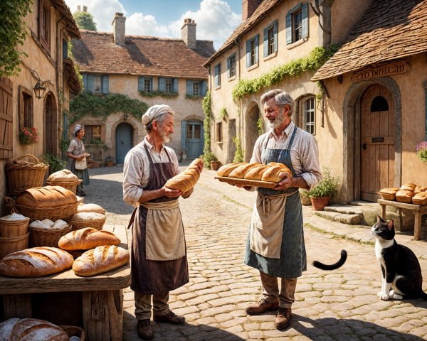 Bakers in Sunlit Village with Freshly Baked Bread