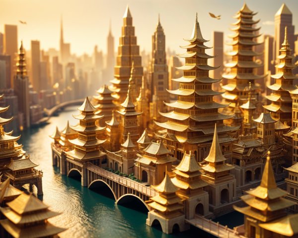 Cityscape of Golden Pagodas and Skyscrapers at Sunset
