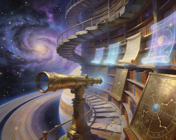 Fantastical Astronomical Library in Space Scene