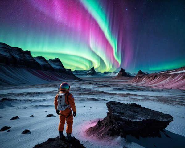 Astronaut Observes Vibrant Auroras Over Alien Landscape