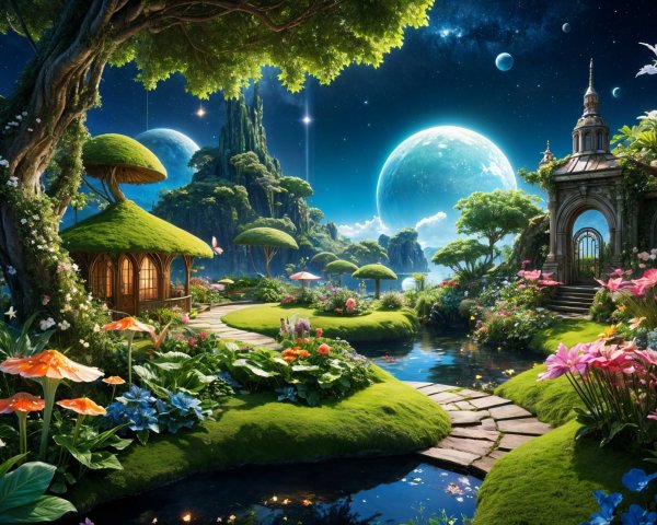 Vibrant Fantasy Landscape with Treehouses and Pond