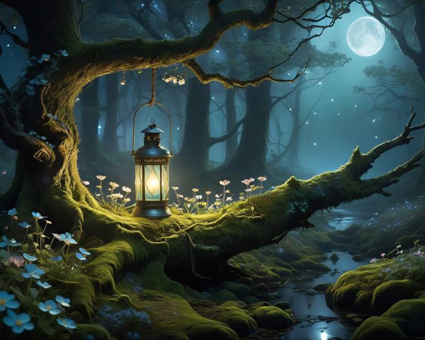 Mystical Night Forest with Lantern and Flowers
