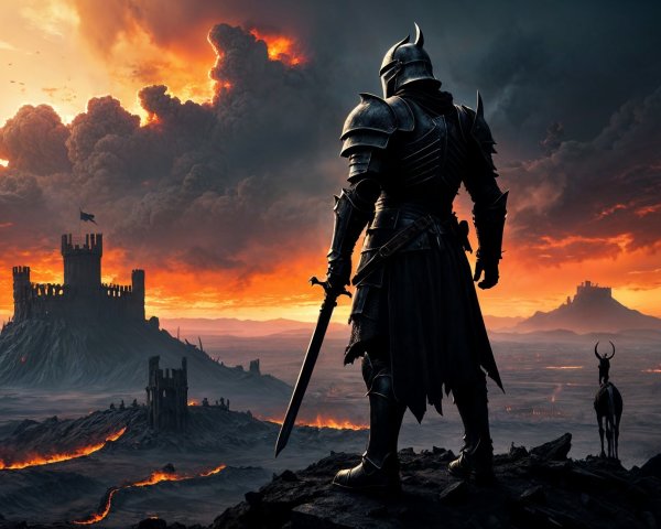 Lone Knight on Hill Overlooking Fiery Sunset and Castles