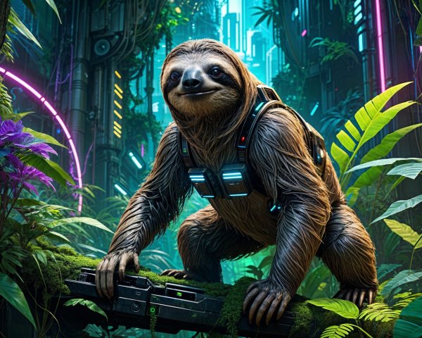 Futuristic Jungle Scene with High-Tech Sloth