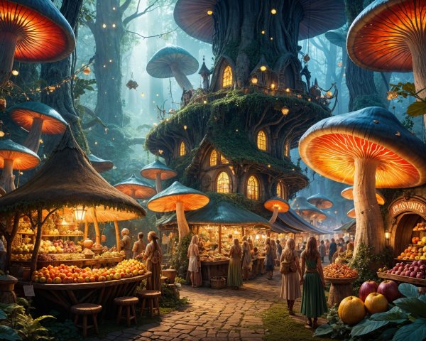 Whimsical Forest Village with Glowing Mushrooms