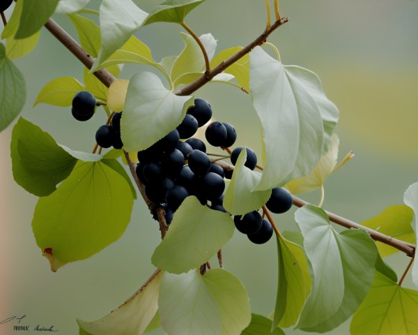 Close-up of Glossy Berries on Green Vine Leaves