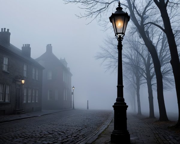Mysterious Foggy Cobblestone Street at Night