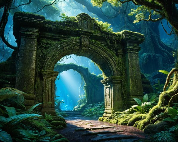 Majestic stone archway in a mystical jungle setting