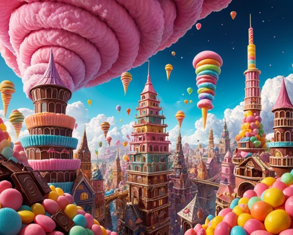 Fantasy Landscape of Candy Buildings and Hot Air Balloons