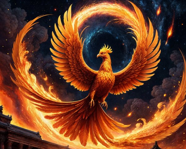 Majestic phoenix in cosmic backdrop with ancient architecture