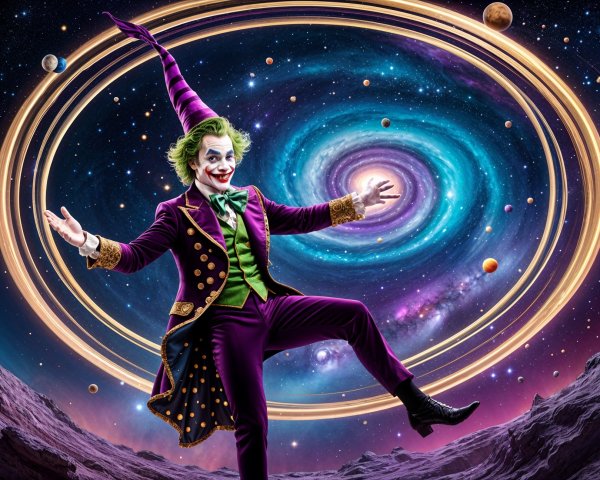 Whimsical Character in Purple Suit Against Cosmic Backdrop