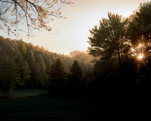Serene Landscape with Trees and Sunrise Glow