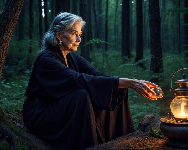 Elderly Woman in Black Robe with Crystal Orb in Forest