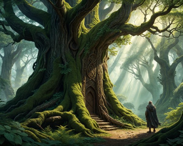 Ancient Tree with Intricate Carvings in Mystical Forest