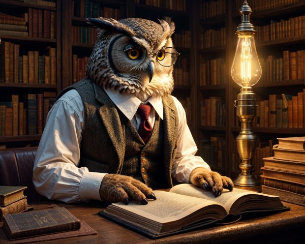 Owl in a Vest Studying in a Cozy Library Setting