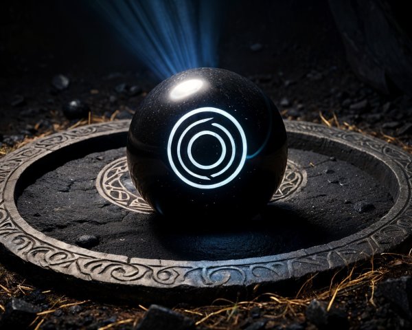 Glossy Black Orb on Intricate Carved Stone Base