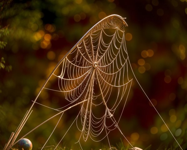 Delicate Spider Web with Dew in Sunlight and Bokeh