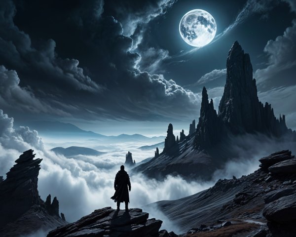 Lone Figure on Rocks Under Luminous Full Moon