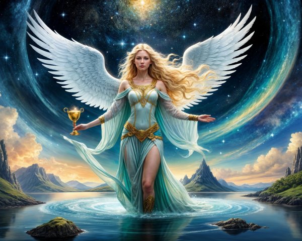Majestic angel in tranquil landscape with cosmic elements