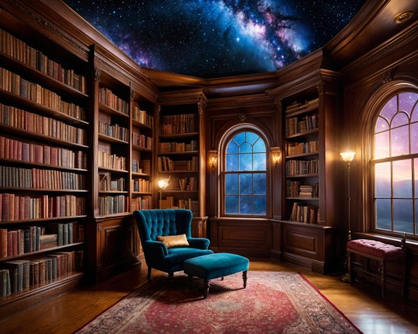 Elegant library with wooden bookshelves and cosmic view