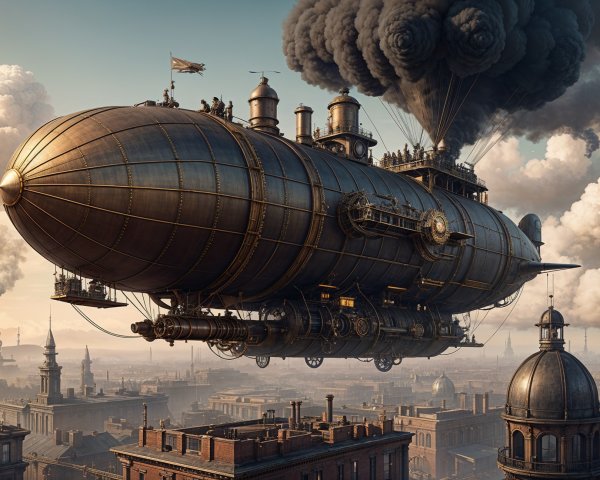 Steampunk Airship Over a Historic Cityscape