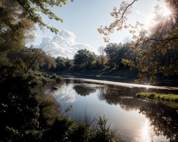 Serene River Landscape Under Clear Blue Sky
