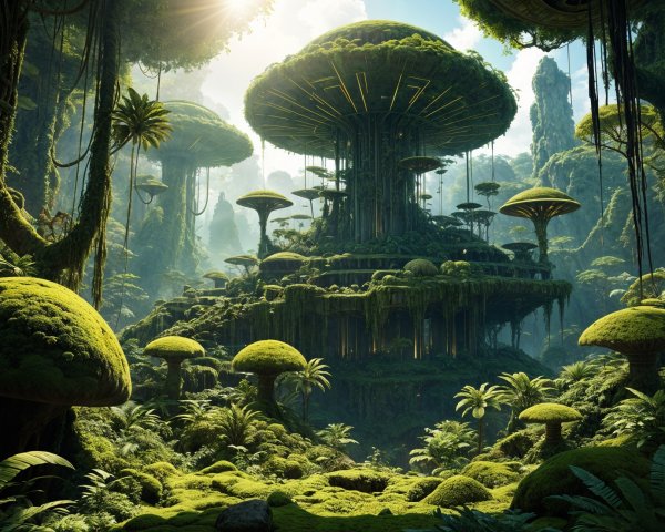 Surreal Landscape with Towering Mushroom Structures