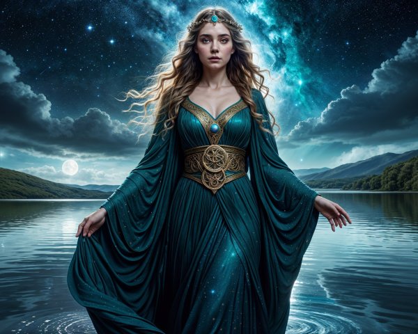 Mystical figure in teal gown by serene water at night