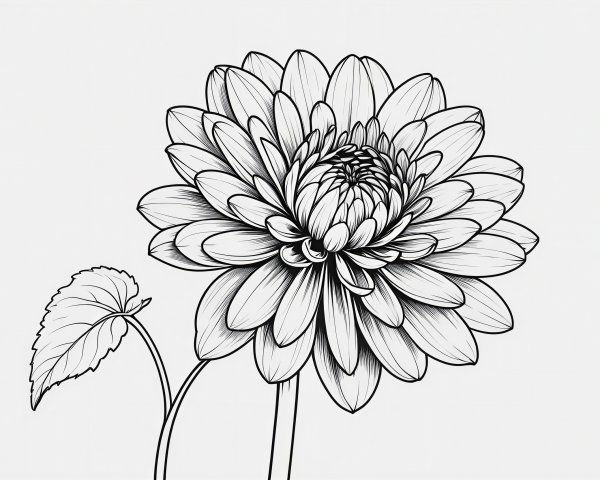 Black and White Outline of Dahlia Flower and Leaf