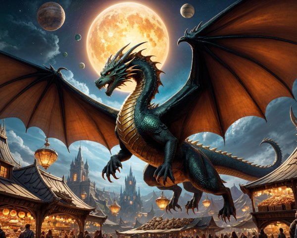 Majestic dragon over medieval marketplace at night