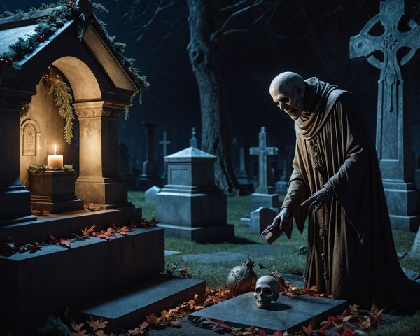 Cloaked Figure in Cemetery with Autumn Leaves and Skull