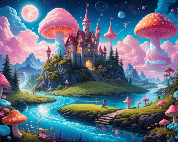 Fantasy Landscape with Castle and Vibrant Mushrooms