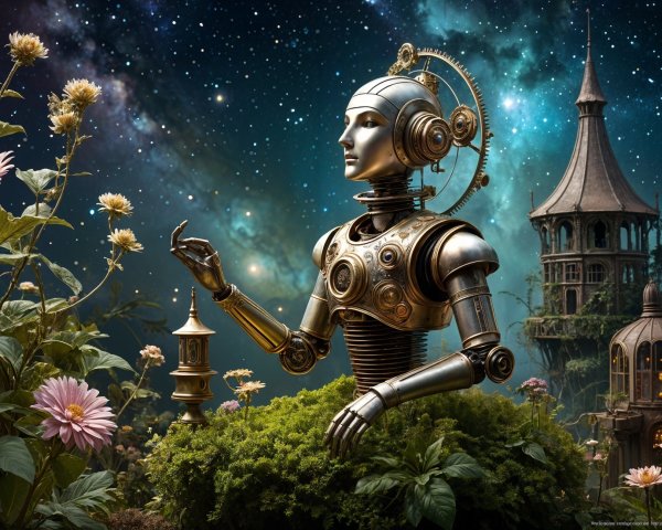 Majestic Robot in a Vibrant Landscape with Stars