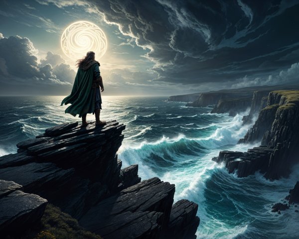 Lone Figure on Cliff Overlooking Turbulent Waves