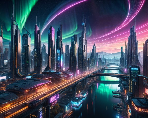 Futuristic City Skyline with Neon Lights and Auroras