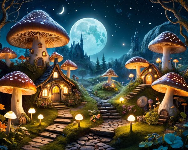 Whimsical Landscape with Oversized Mushrooms and Castle