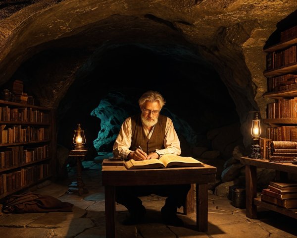 Man Writing in Dim Cave Surrounded by Ancient Books