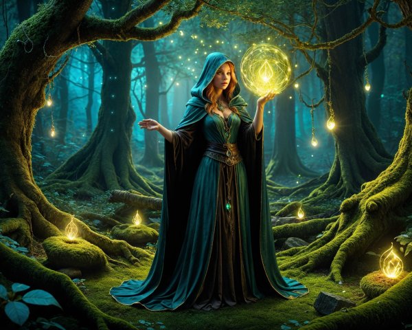 Mystical Forest with Cloaked Figure and Glowing Orb