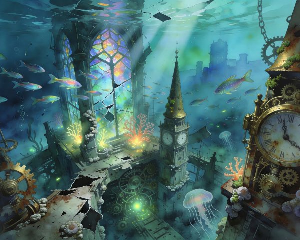 Underwater Steampunk Cityscape with Stained-Glass Window
