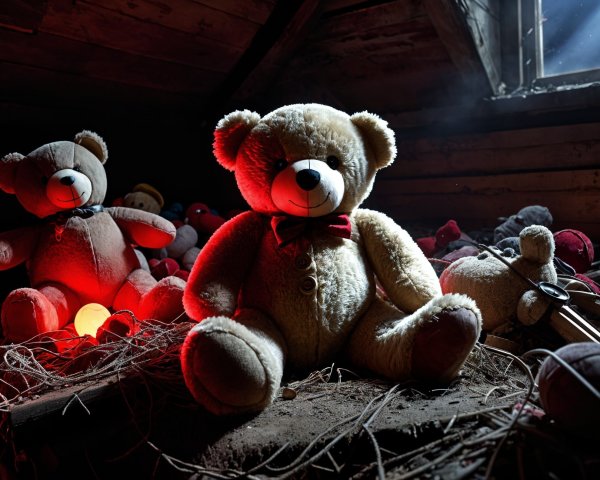 Stuffed Teddy Bears in a Dimly Lit Attic Setting